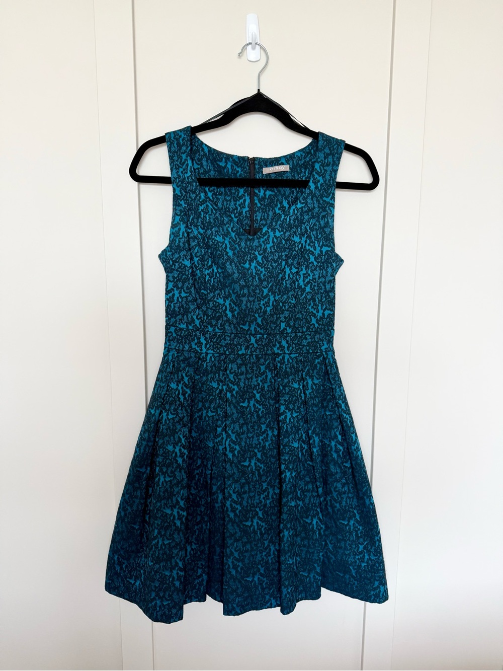 Sleeveless Black Lace on Blue Satin Fit-and-Flare Dress